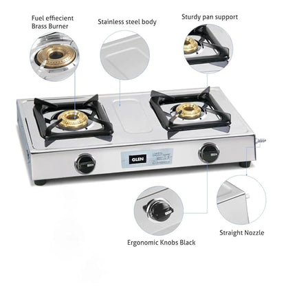 GLEN 2 Burner Stainless Steel Gas Stove with Brass Burner (CT1020SSBB)