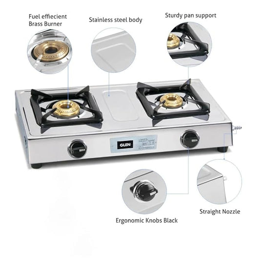 GLEN 2 Burner Stainless Steel Gas Stove with Brass Burner (CT1020SSBB)