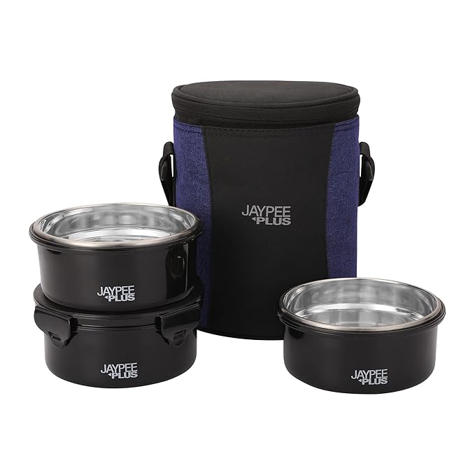 Jaypee Plus Microplus 400 ml Each Stainless Steel Office Lunch Box | BPA Free, Microwave Safe & Spillproof Airtight 3 Containers | Including Insulated Bag