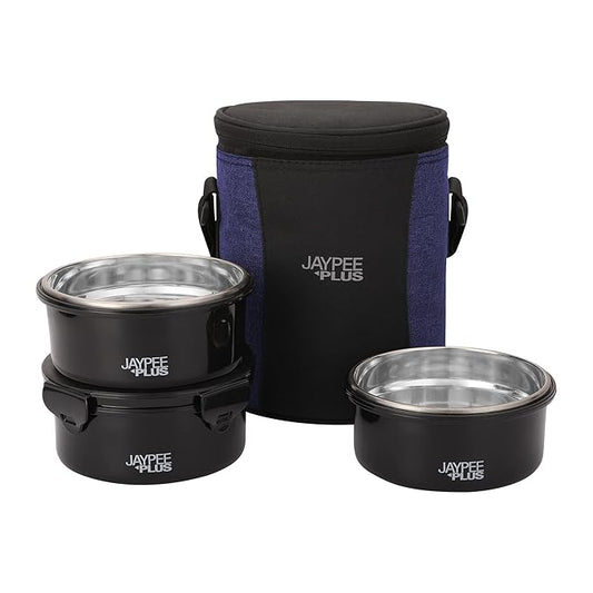 Jaypee Plus Microplus 400 ml Each Stainless Steel Office Lunch Box | BPA Free, Microwave Safe & Spillproof Airtight 3 Containers | Including Insulated Bag