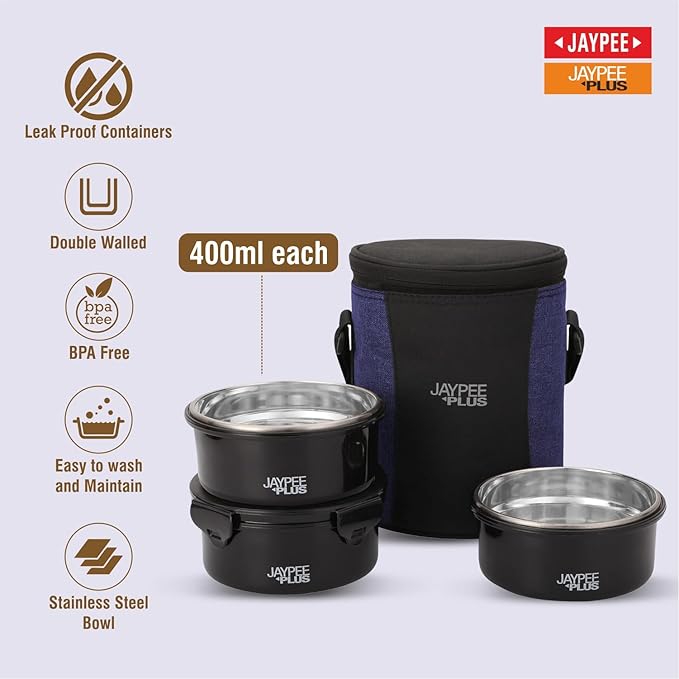Jaypee Plus Microplus 400 ml Each Stainless Steel Office Lunch Box | BPA Free, Microwave Safe & Spillproof Airtight 3 Containers | Including Insulated Bag
