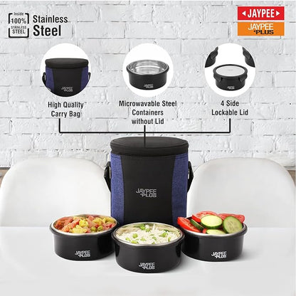 Jaypee Plus Microplus 400 ml Each Stainless Steel Office Lunch Box | BPA Free, Microwave Safe & Spillproof Airtight 3 Containers | Including Insulated Bag