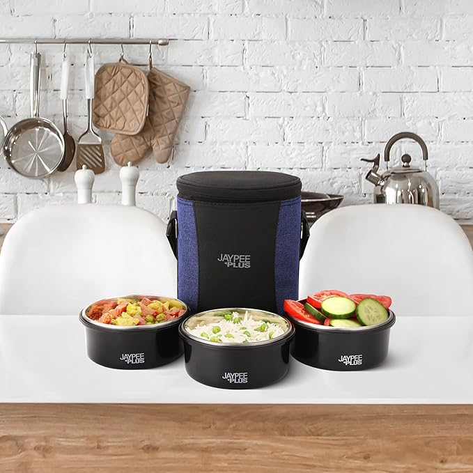 Jaypee Plus Microplus 400 ml Each Stainless Steel Office Lunch Box | BPA Free, Microwave Safe & Spillproof Airtight 3 Containers | Including Insulated Bag