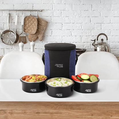 Jaypee Plus Microplus 400 ml Each Stainless Steel Office Lunch Box | BPA Free, Microwave Safe & Spillproof Airtight 3 Containers | Including Insulated Bag
