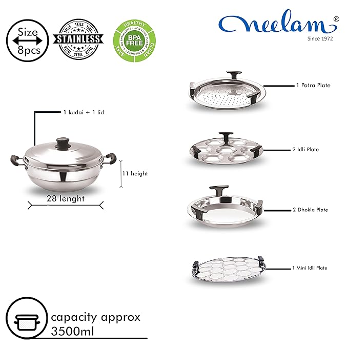 Neelam Stainless Steel Multi Kadai Big Induction Base 3500 ml, Silver | Versatile Cooking Set Including 1 Multi Kadai, 2 Dhokla Plates, 1 Patra Plate, 2 Idli Dishes, 1 Lid | Perfect for Daily Use.