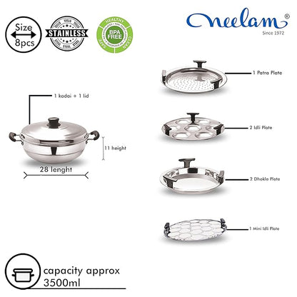 Neelam Stainless Steel Multi Kadai Big Induction Base 3500 ml, Silver | Versatile Cooking Set Including 1 Multi Kadai, 2 Dhokla Plates, 1 Patra Plate, 2 Idli Dishes, 1 Lid | Perfect for Daily Use.