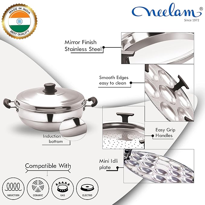 Neelam Stainless Steel Multi Kadai Big Induction Base 3500 ml, Silver | Versatile Cooking Set Including 1 Multi Kadai, 2 Dhokla Plates, 1 Patra Plate, 2 Idli Dishes, 1 Lid | Perfect for Daily Use.