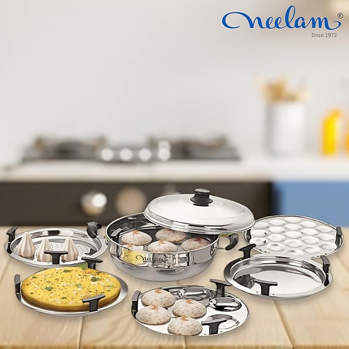 Neelam Stainless Steel Multi Kadai Big Induction Base 3500 ml, Silver | Versatile Cooking Set Including 1 Multi Kadai, 2 Dhokla Plates, 1 Patra Plate, 2 Idli Dishes, 1 Lid | Perfect for Daily Use.