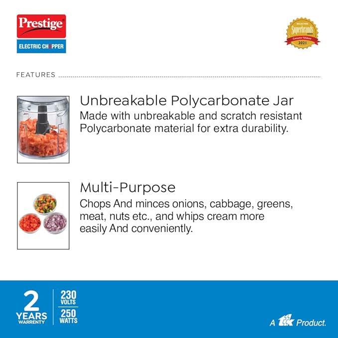 Prestige Pec 4.0 Multi-Purpose Electric Chopper 250 Watts (Black,Polycarbonate Jar)
